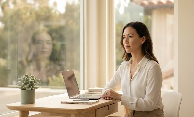 Composed professional woman in her 30s working calmly at a sunlit modern desk near a large window, polished exterior masking quiet inner pressure