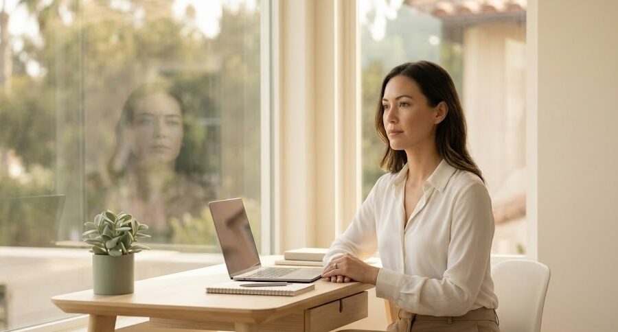 Composed professional woman in her 30s working calmly at a sunlit modern desk near a large window, polished exterior masking quiet inner pressure
