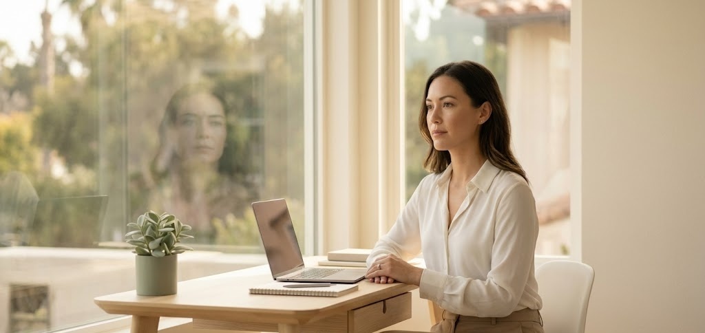 Composed professional woman in her 30s working calmly at a sunlit modern desk near a large window, polished exterior masking quiet inner pressure
