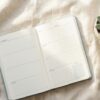 Overhead flat-lay of an open journal, white coffee cup, pen, and small plant arranged on a soft linen surface in morning light
