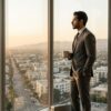 Well-dressed professional standing at a floor-to-ceiling office window at golden hour, looking out over a Southern California cityscape