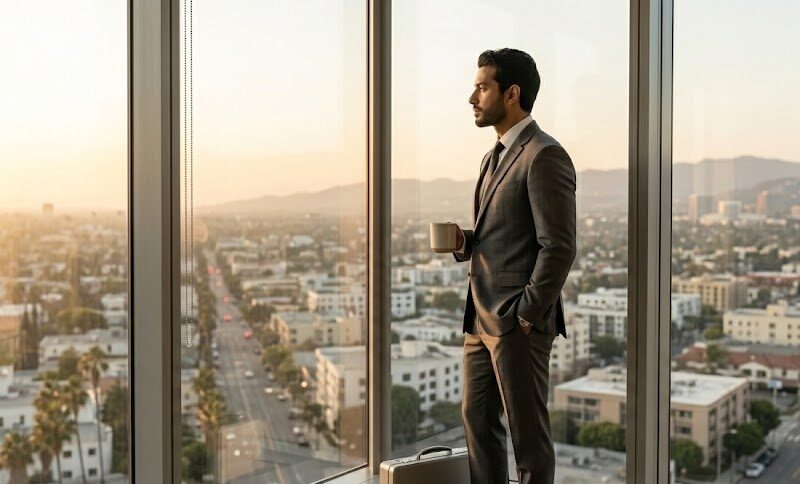 Well-dressed professional standing at a floor-to-ceiling office window at golden hour, looking out over a Southern California cityscape