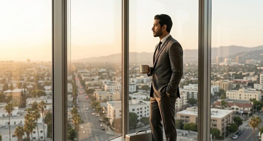 Well-dressed professional standing at a floor-to-ceiling office window at golden hour, looking out over a Southern California cityscape