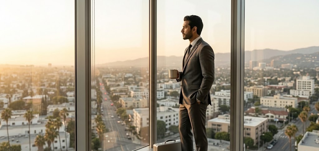 Well-dressed professional standing at a floor-to-ceiling office window at golden hour, looking out over a Southern California cityscape