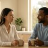 Couple sitting across from each other at a kitchen table in soft morning light, holding warm mugs, one partner engaged and the other gazing past with mind elsewhere