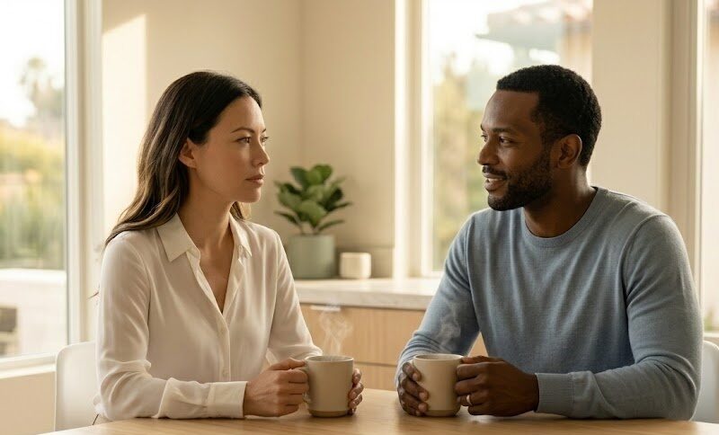 Couple sitting across from each other at a kitchen table in soft morning light, holding warm mugs, one partner engaged and the other gazing past with mind elsewhere