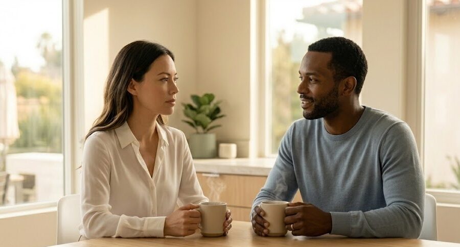 Couple sitting across from each other at a kitchen table in soft morning light, holding warm mugs, one partner engaged and the other gazing past with mind elsewhere