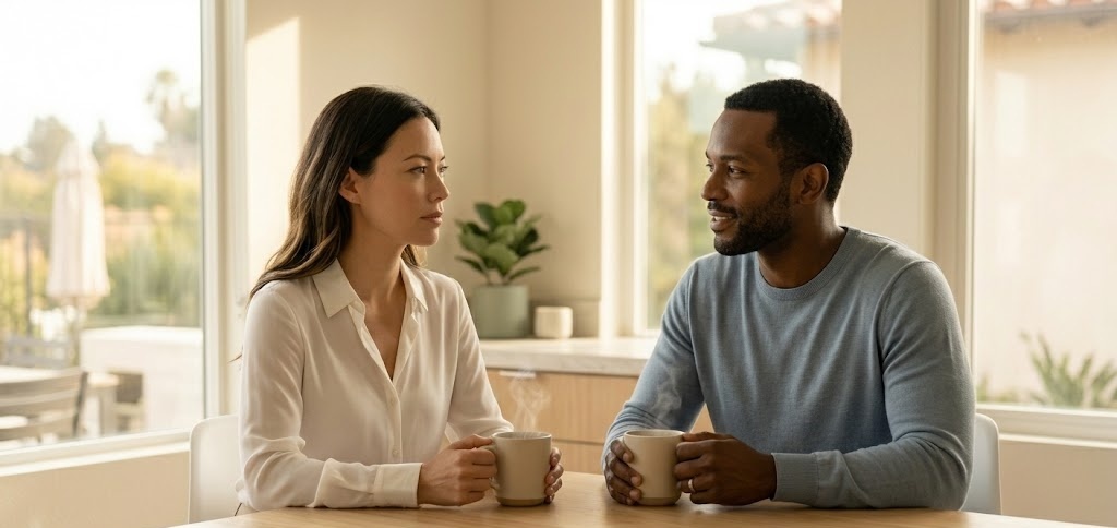 Couple sitting across from each other at a kitchen table in soft morning light, holding warm mugs, one partner engaged and the other gazing past with mind elsewhere