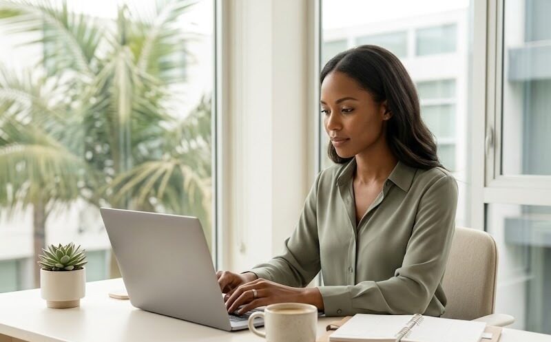 A professional woman sits calmly at a bright, modern desk with natural light streaming through large windows in a Southern California office setting