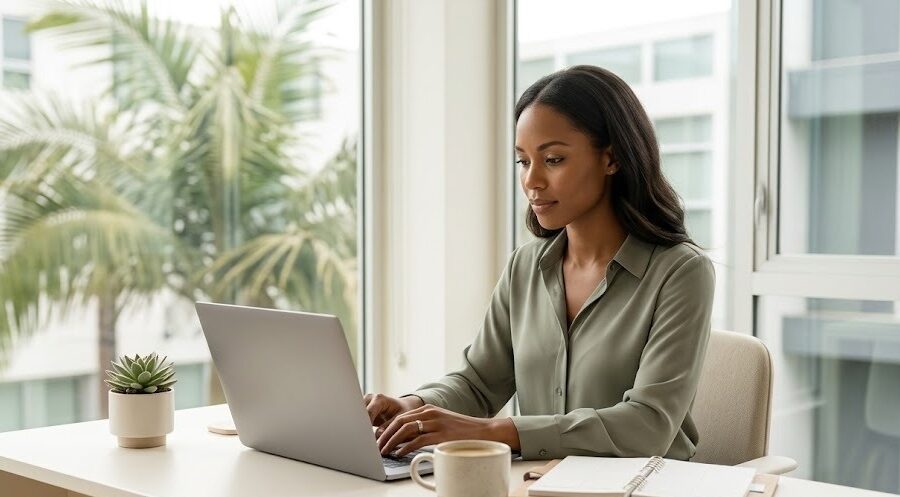 A professional woman sits calmly at a bright, modern desk with natural light streaming through large windows in a Southern California office setting