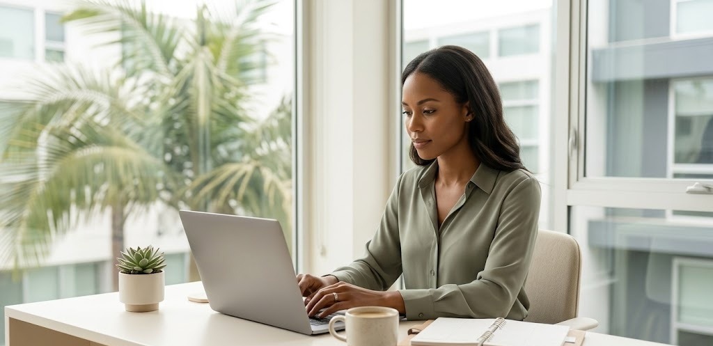 A professional woman sits calmly at a bright, modern desk with natural light streaming through large windows in a Southern California office setting