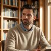 A thoughtful man gazes out a window in a bright, airy California home office surrounded by books and soft natural light