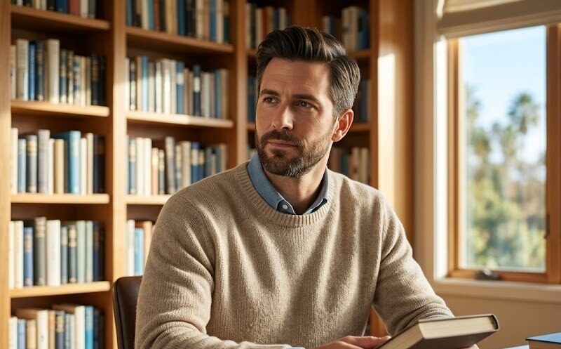 A thoughtful man gazes out a window in a bright, airy California home office surrounded by books and soft natural light