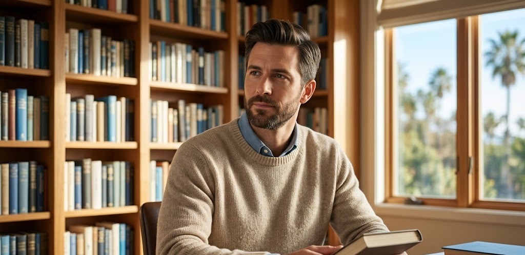 A thoughtful man gazes out a window in a bright, airy California home office surrounded by books and soft natural light