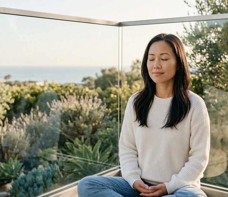 A calm woman sits cross-legged on a light-filled balcony overlooking a Southern California coastal view, eyes gently closed in a relaxed posture