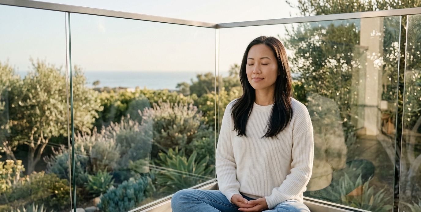 A calm woman sits cross-legged on a light-filled balcony overlooking a Southern California coastal view, eyes gently closed in a relaxed posture