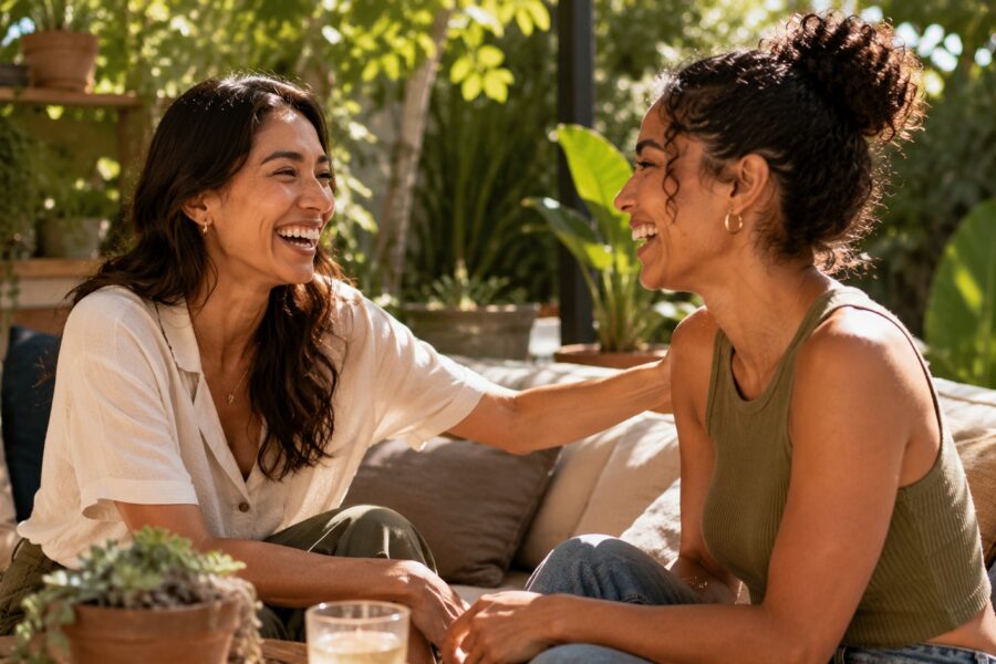 Two friends share a warm, genuine moment of connection on a sun-drenched California patio with plants and soft afternoon light around them