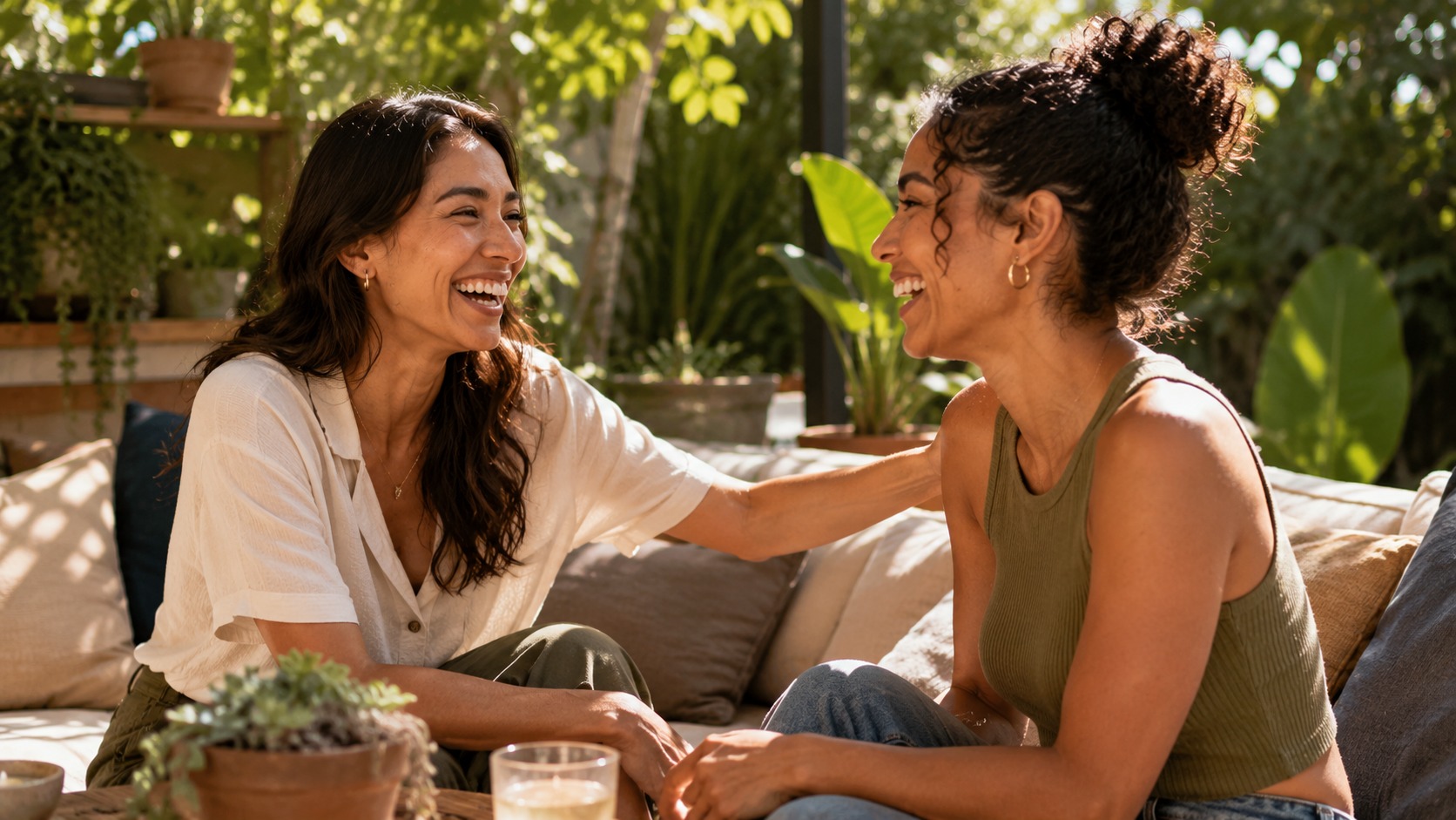 Two friends share a warm, genuine moment of connection on a sun-drenched California patio with plants and soft afternoon light around them