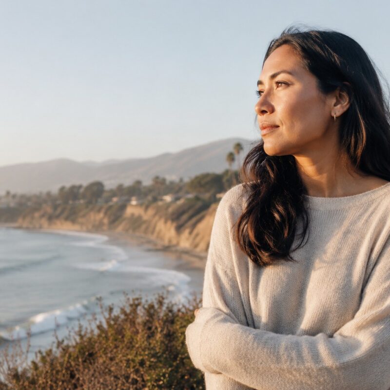 A person stands on a calm, empty beach at golden hour, looking out at gentle Pacific Ocean waves with warm light on the sand