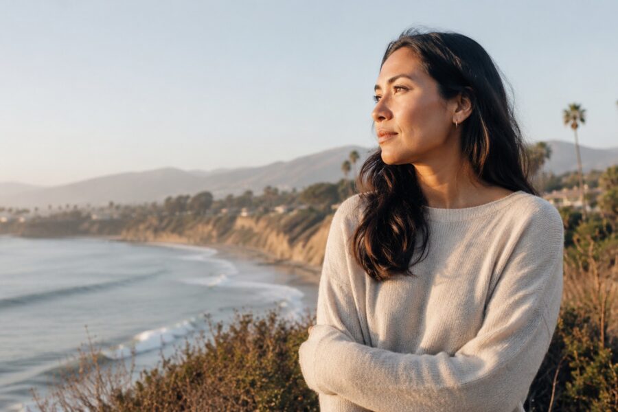 A person stands on a calm, empty beach at golden hour, looking out at gentle Pacific Ocean waves with warm light on the sand