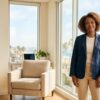 A calm professional stands by a sunlit office window in a modern Southern California workspace, looking relaxed and composed