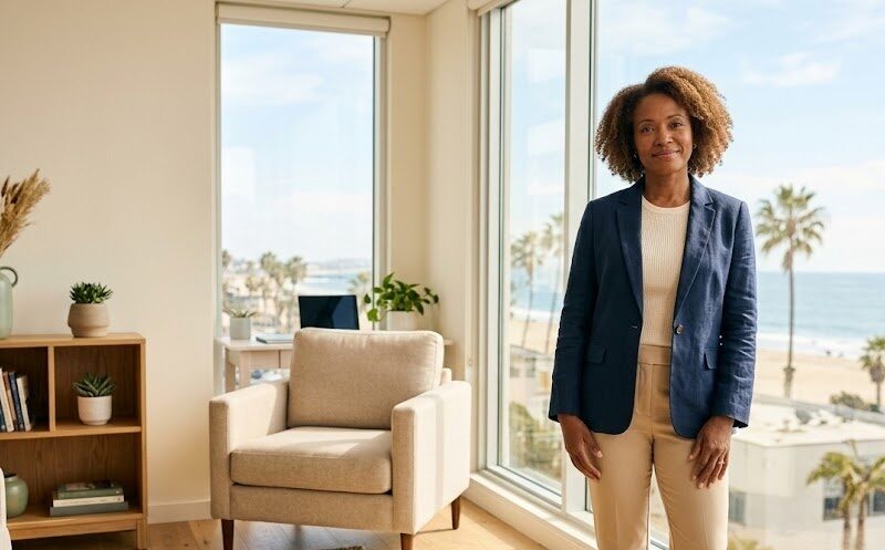 A calm professional stands by a sunlit office window in a modern Southern California workspace, looking relaxed and composed