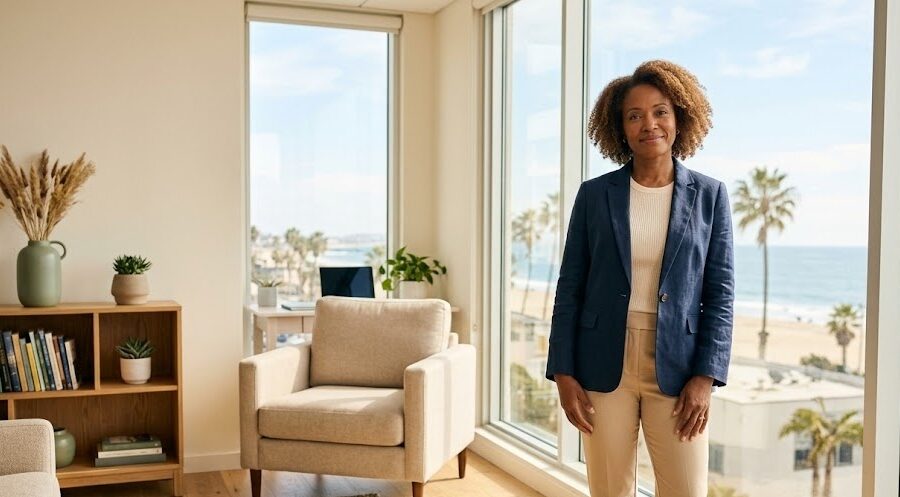A calm professional stands by a sunlit office window in a modern Southern California workspace, looking relaxed and composed