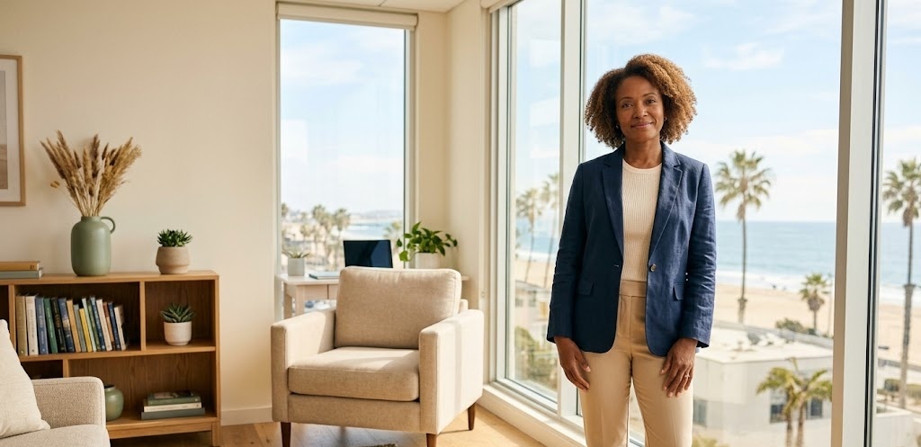 A calm professional stands by a sunlit office window in a modern Southern California workspace, looking relaxed and composed