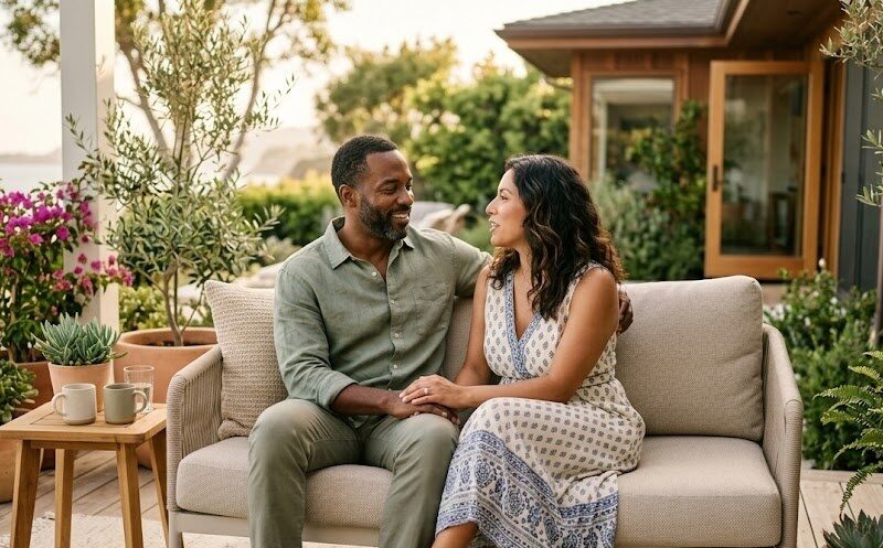 A couple sits close together on a bright outdoor patio in soft California light, listening to each other in a warm, connected moment