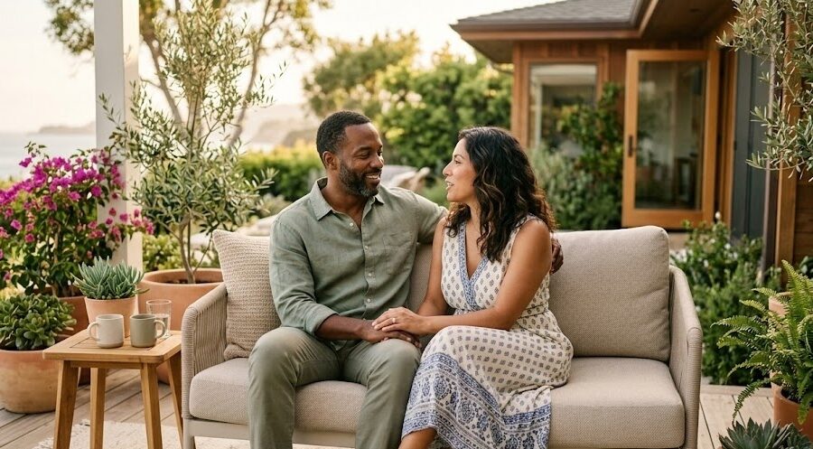 A couple sits close together on a bright outdoor patio in soft California light, listening to each other in a warm, connected moment