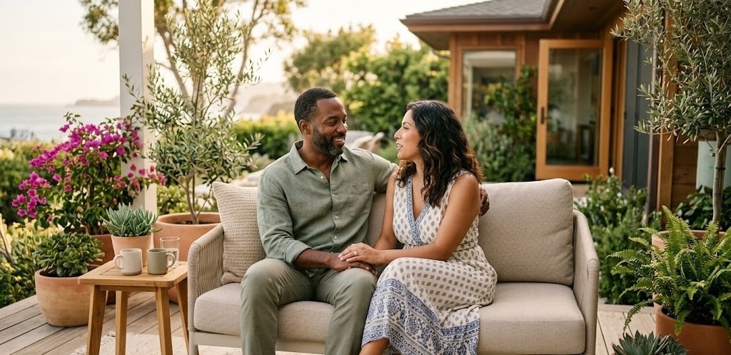 A couple sits close together on a bright outdoor patio in soft California light, listening to each other in a warm, connected moment