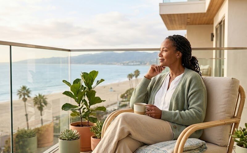 A person sits thoughtfully on a light-filled balcony overlooking a calm Southern California view, taking a reflective pause