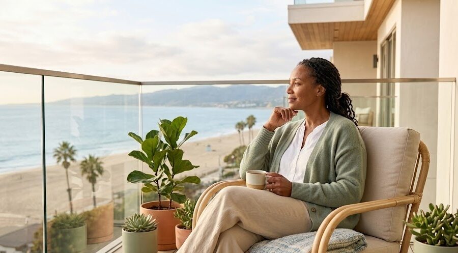 A person sits thoughtfully on a light-filled balcony overlooking a calm Southern California view, taking a reflective pause