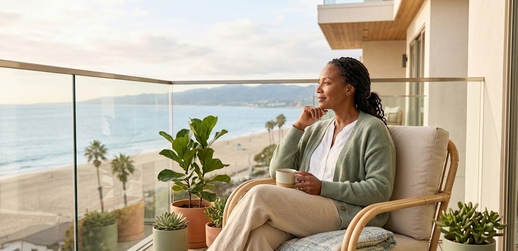 A person sits thoughtfully on a light-filled balcony overlooking a calm Southern California view, taking a reflective pause