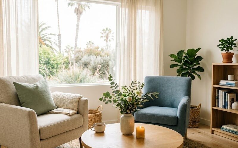 An open, inviting therapy office with soft natural light, comfortable seating, and a calm Southern California aesthetic