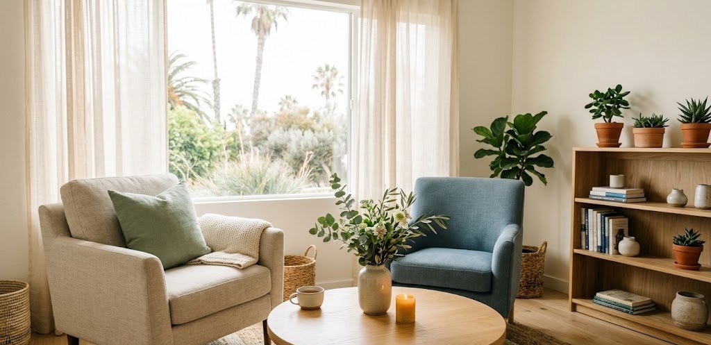 An open, inviting therapy office with soft natural light, comfortable seating, and a calm Southern California aesthetic