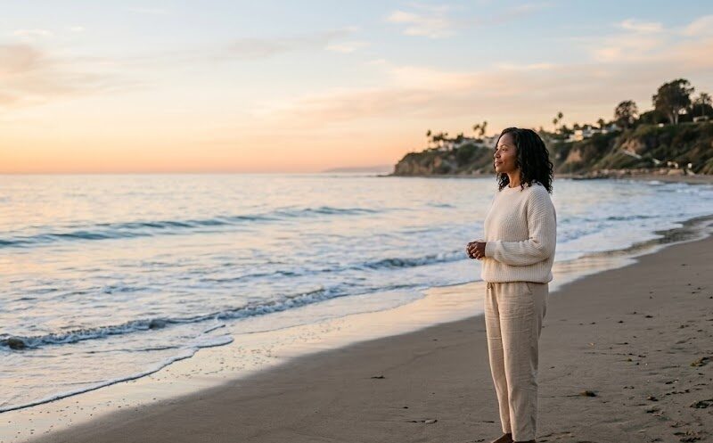 A person stands calmly on a quiet beach at golden hour watching gentle Pacific waves roll in, looking settled and at ease