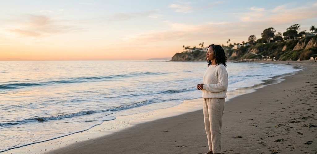 A person stands calmly on a quiet beach at golden hour watching gentle Pacific waves roll in, looking settled and at ease