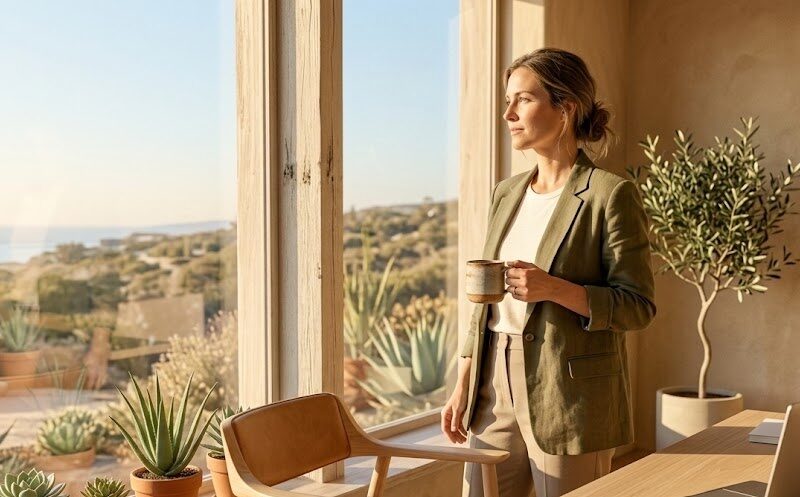 A composed professional stands by a sunlit window in a modern Southern California workspace, looking calm and grounded