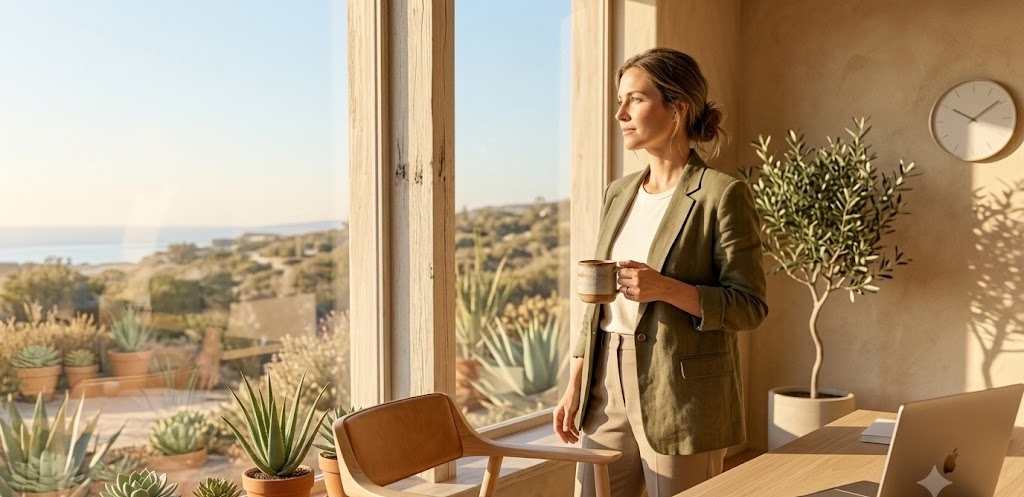 A composed professional stands by a sunlit window in a modern Southern California workspace, looking calm and grounded