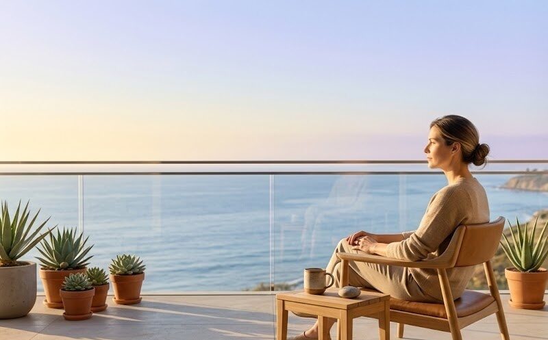 A person sits quietly on a light-filled balcony overlooking a calm Southern California view, taking a reflective pause