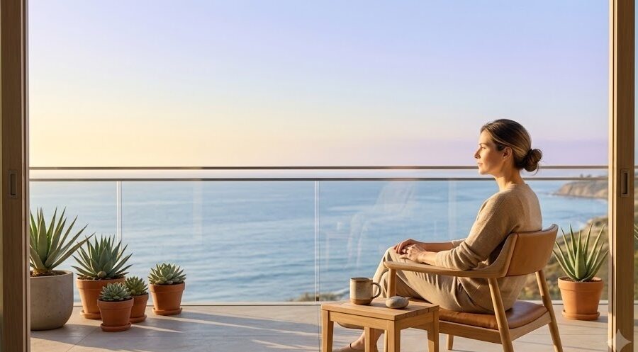 A person sits quietly on a light-filled balcony overlooking a calm Southern California view, taking a reflective pause