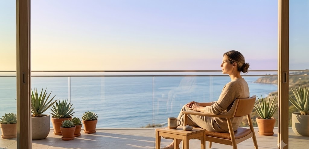 A person sits quietly on a light-filled balcony overlooking a calm Southern California view, taking a reflective pause