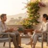 Two people sit together in soft California light having a calm, considered conversation on an outdoor patio