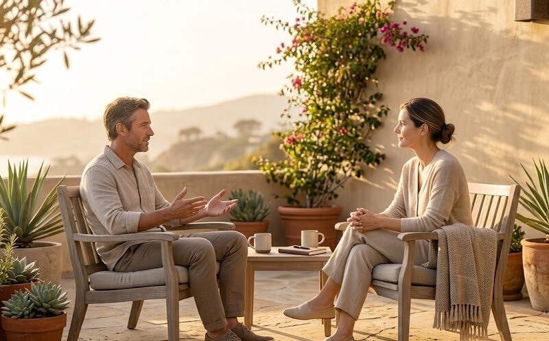 Two people sit together in soft California light having a calm, considered conversation on an outdoor patio