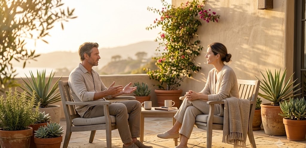 Two people sit together in soft California light having a calm, considered conversation on an outdoor patio