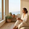 A person sits peacefully near a sunlit window in a calm Southern California room, present and at ease