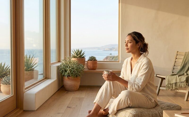 A person sits peacefully near a sunlit window in a calm Southern California room, present and at ease