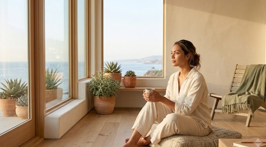 A person sits peacefully near a sunlit window in a calm Southern California room, present and at ease
