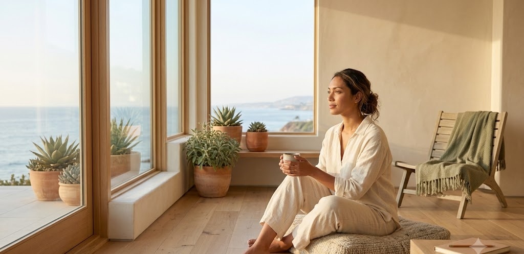 A person sits peacefully near a sunlit window in a calm Southern California room, present and at ease